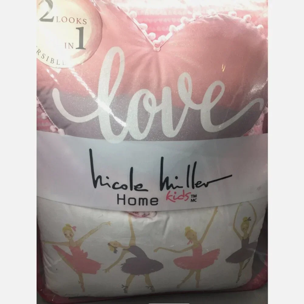 5pc Nicole Miller Ballerina FULL QUEEN Set Comforter Pillows Dance Hearts Pink